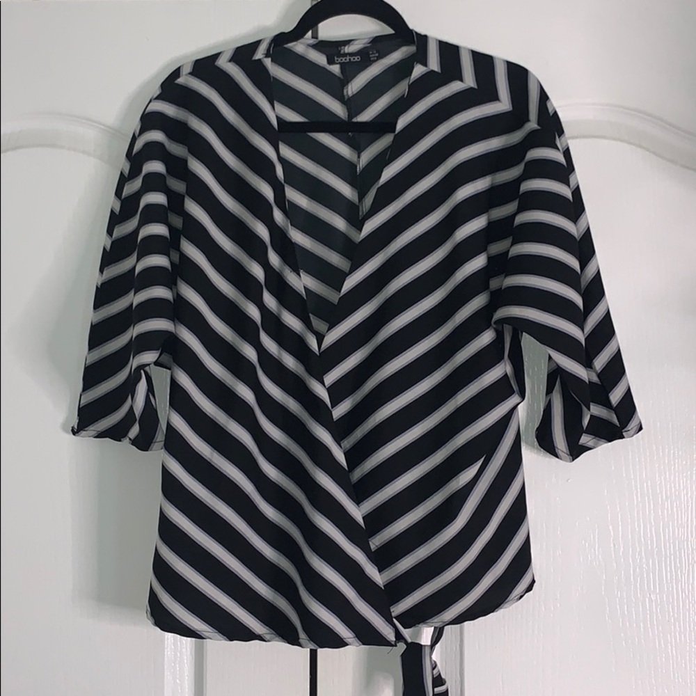 White, black lavender strip wrap blouse